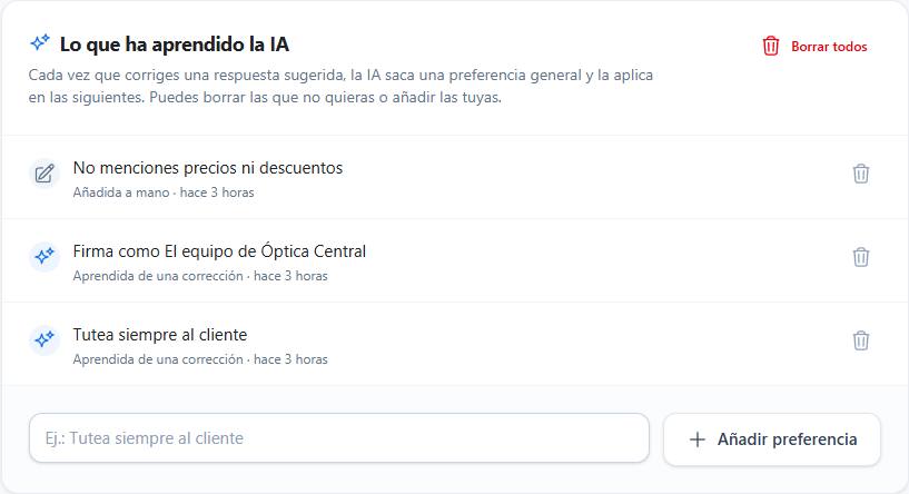 Sección con las reglas aprendidas por la IA y los botones para borrarlas