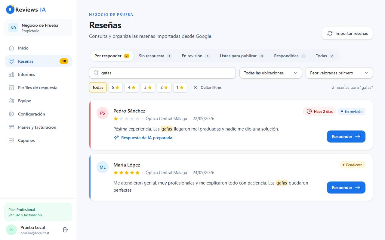 Lista de reseñas filtrada por la palabra gafas con el texto resaltado