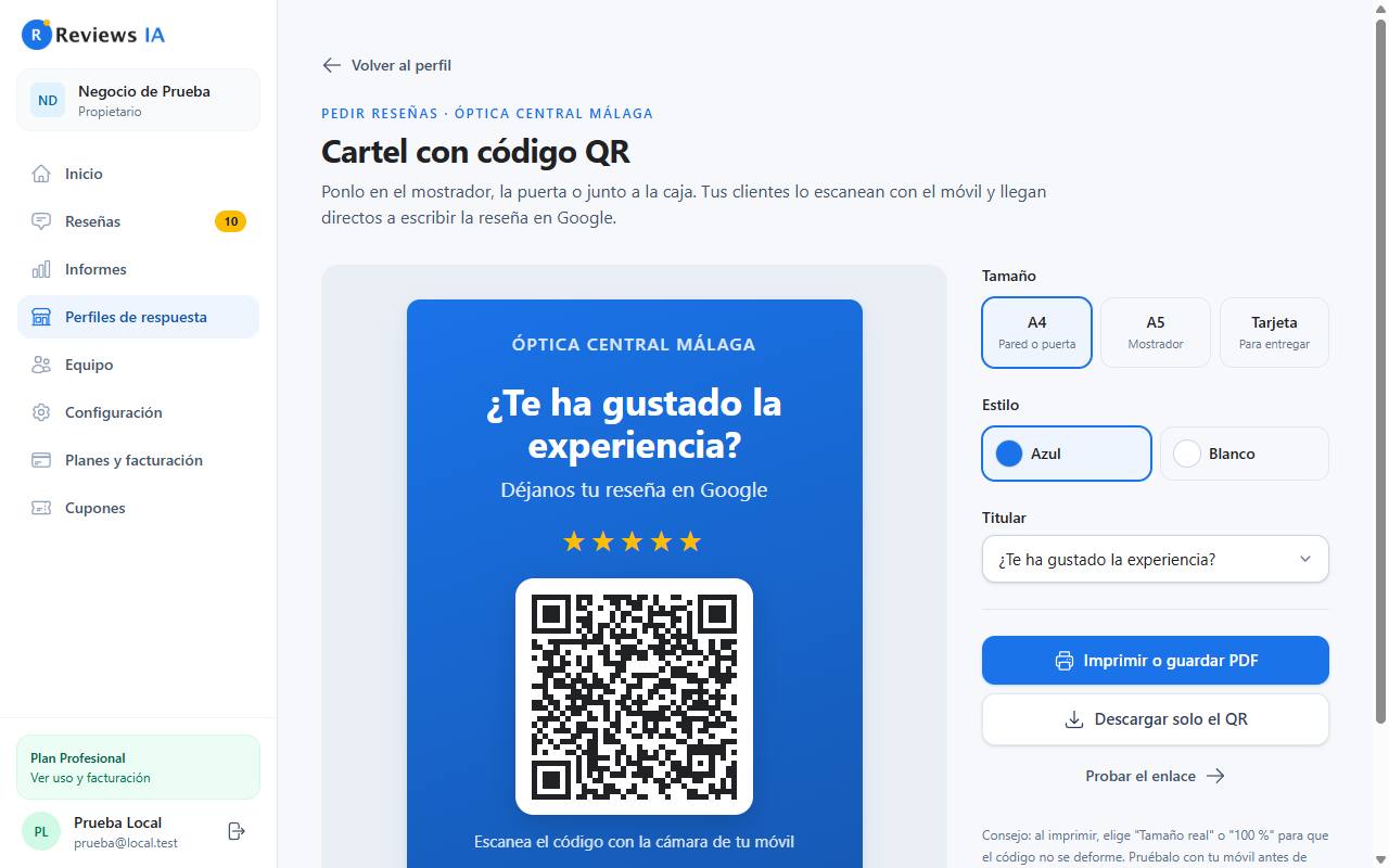 Pantalla del cartel A4 con código QR y opciones