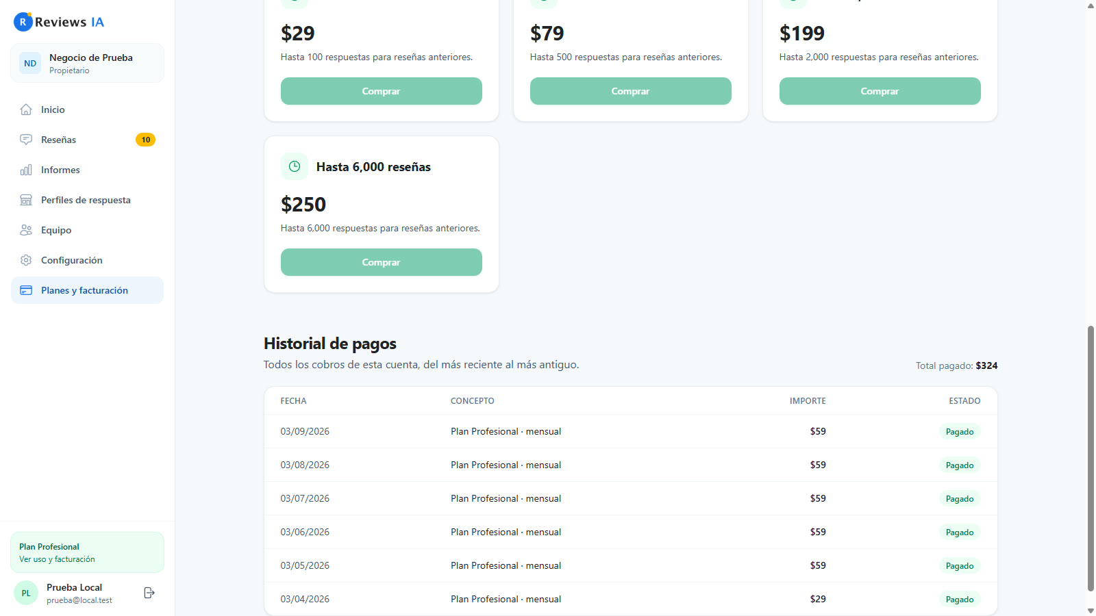 Historial de pagos del cliente
